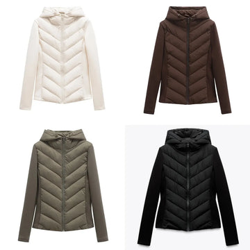 ETJ 2025 neue Damen-elegante Mode-Patchwork-Langarm-Stehkragen-Baumwolljacke mit Kapuze, Sportmantel 8073227