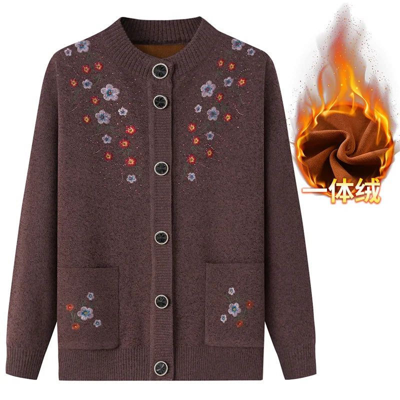 Frühling Herbst Top Frauen Ältere Mutter der Bestickt Gestrickte Pullover Oma Winter Plus Samt Dicke Strickjacke Mantel XL-4XL