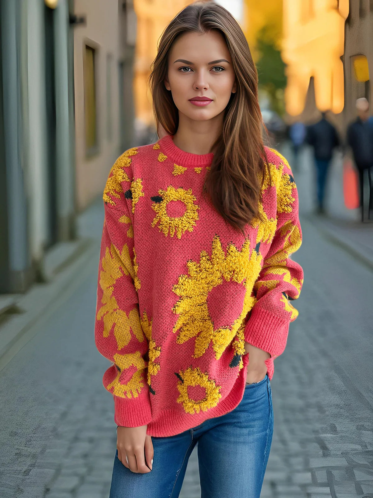 Damen Herbst Pullover Damen Mode Rundhalspullover mit Blumendruck, vielseitig einsetzbar für Herbst und Winter Herbst Pullover Damen