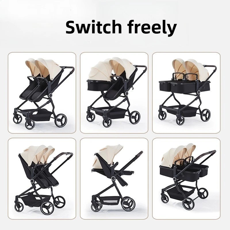 Integrierter Hochansicht-Kinderwagen für zwei Babys, kann sitzen oder liegen, ultraleichter, tragbarer, faltbarer Outdoor-Reisewagen
