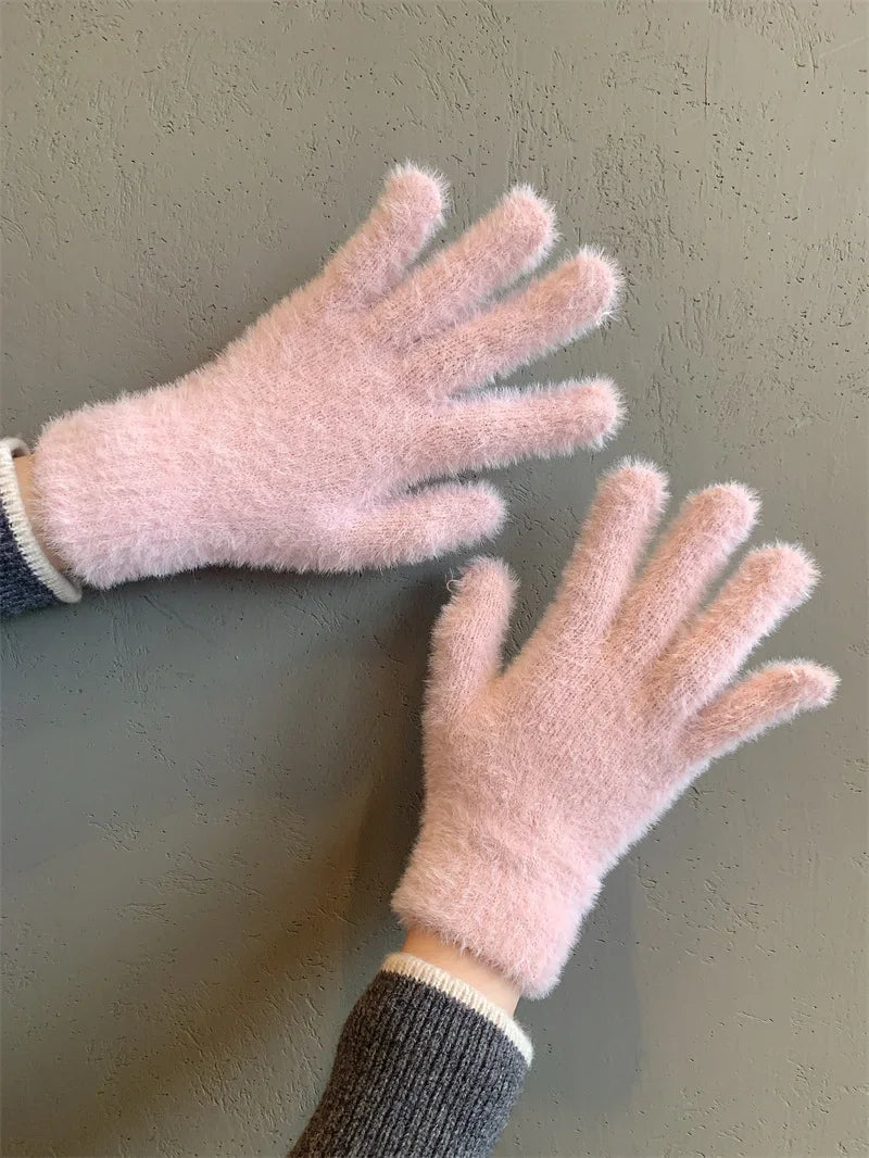 Mode Winter Nerz Samt Fünf Finger Handschuhe Plüsch Warme Kalt-proof Handschuhe Frauen Im Freien Radfahren Einfarbig Wistiti Fäustlinge