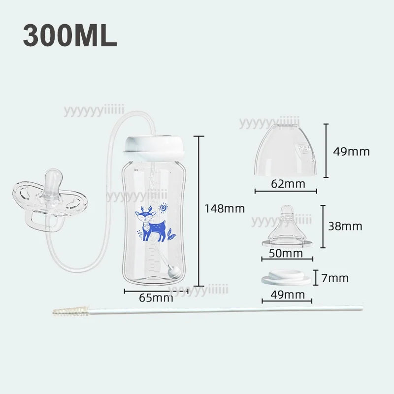 3-in-1 Freihändige Babyflasche 300ML mit Weitem Hals, Anti-Tropf-Schwerkraftstrohhalm und Milchaufbewahrungsflasche mit Sauger