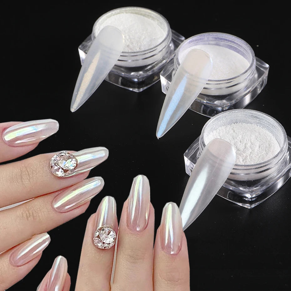 Moonlight Pearl White Nails Glitter Dust Chrome Aurora White Rubbing on Powder Shell Mirror Pigment Nail Art Supplies Dekoration