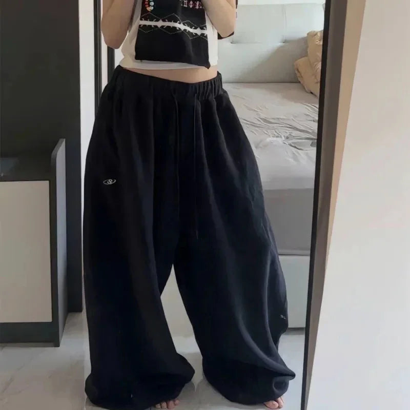 Amerikanischen Retro Hip-Hop Übergroßen Frau Schwarz Casual Jogginghose Koreanische Streetwear Lose Jogging Hosen Hohe Taille Breite Bein Hosen