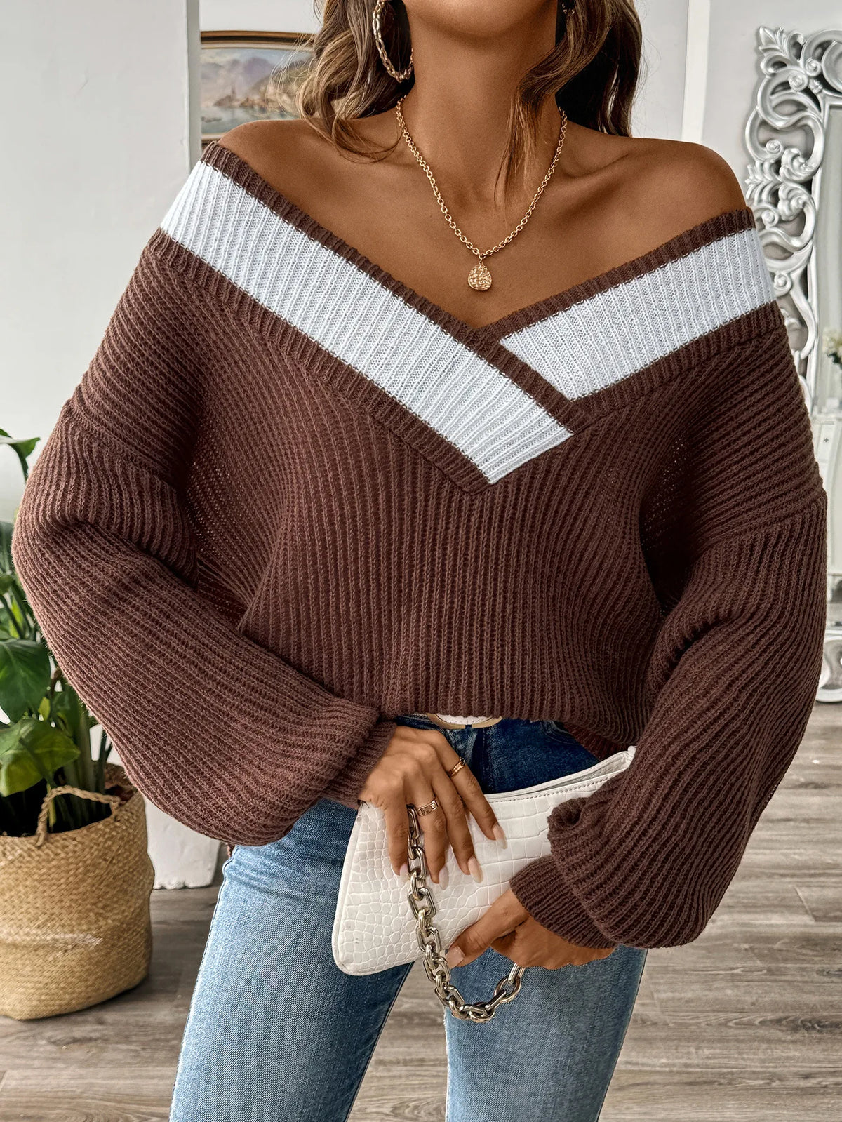 Frauen Invierno Pull Automne Femme Modische V-ausschnitt Lange ärmeln Lose Einfarbig Spleißen Pullover Pullover Herbst Modus Damen