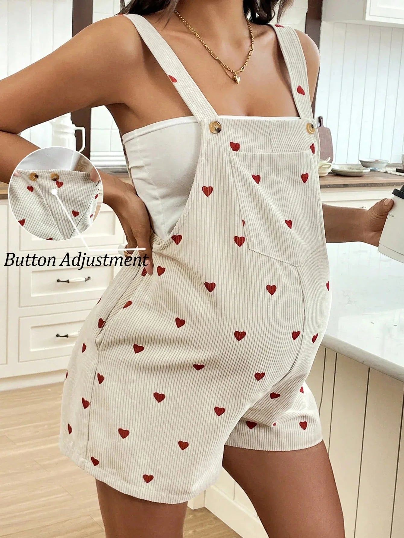 Umstands-Overalls für schwangere Frauen, Herz-Blumendruck, verstellbare Taille, Shortalls, Strampler, Frühling, Sommer, lässige Schwangerschaftskleidung