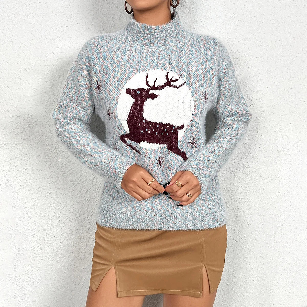 Vintage Herbst Mode Damen Mittelhoher Halsausschnitt Elch Weihnachtsmode Druck Pullover Langarmpullover О гроут Tinggi فسات فщин