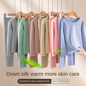 Herbst Winter Teenager Kinder Thermo-Unterwäsche Set Dicker doppelseitiger gebürsteter Stoff Jungen Mädchen Daunenseide Warme Unterwäsche Lange Unterhosen