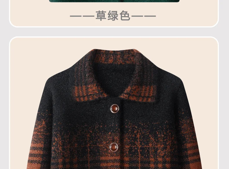 Strickjacke für Ältere Frauen mit Umlegekragen, Karomuster, Dick, Warm, mit Knöpfen, Wintermantel für Mütter und Großmütter