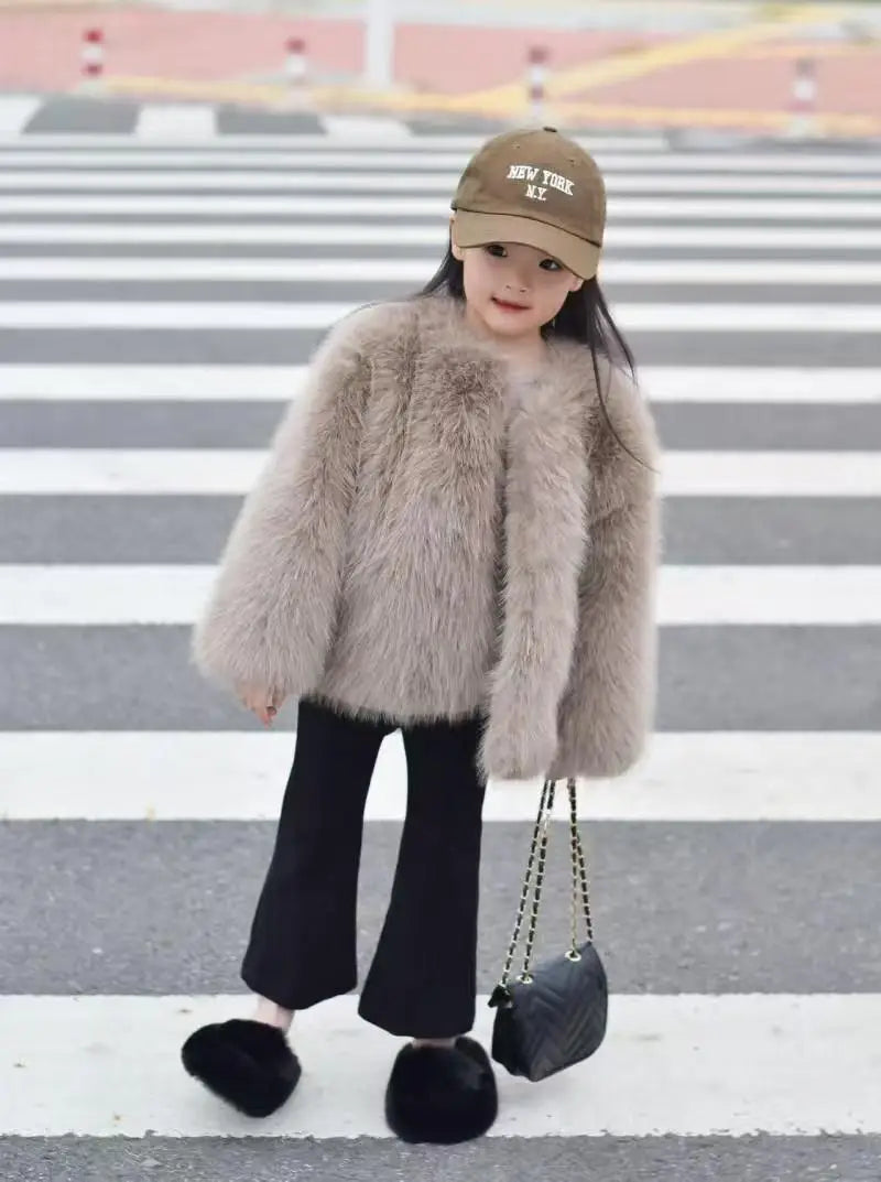 Gefälschte Pelz Mädchen Jacke Herbst Winter Neue Einfarbig Dicke Warm Halten Einreiher Mantel Für 3-10 Jahre mädchen Mode Oberbekleidung