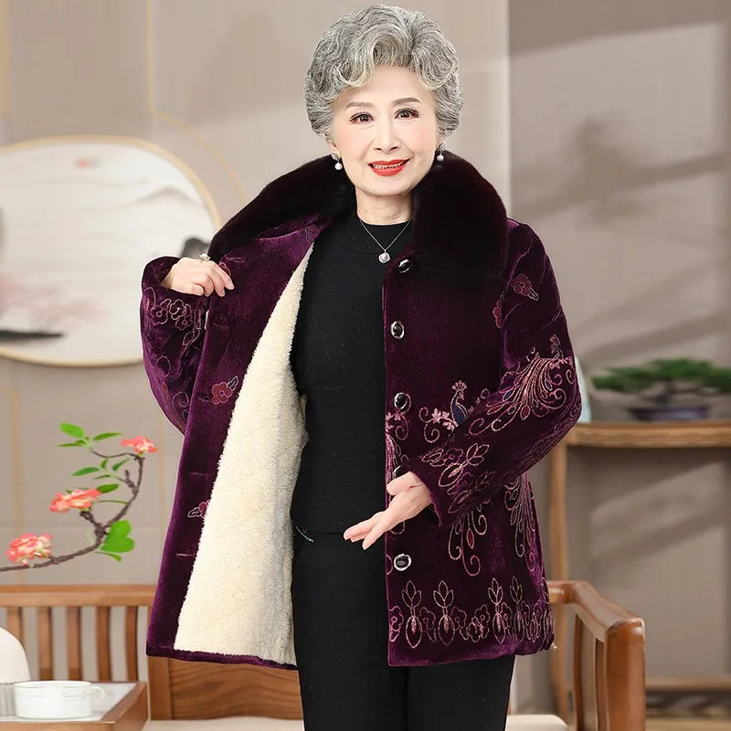 Winter-Damenjacke mit Baumwollpolsterung, 50 bis 80 Jahre alt, Oma-Mantel, dicker Samt, warm, mittleres Alter, Mutterpositionierung, Blumenparka