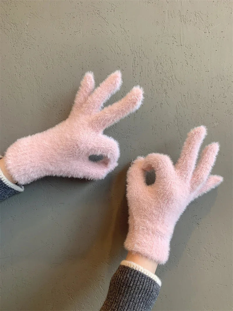 Mode Winter Nerz Samt Fünf Finger Handschuhe Plüsch Warme Kalt-proof Handschuhe Frauen Im Freien Radfahren Einfarbig Wistiti Fäustlinge