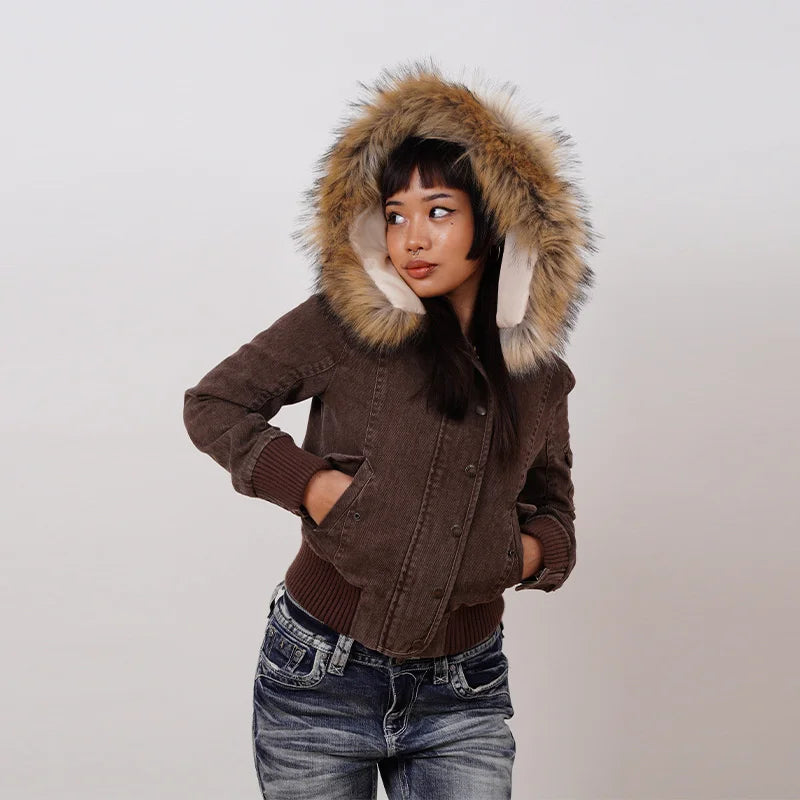 Braune Damen Slim Fit Vintage Pelzkragen Jacke Reißverschluss Kpop Y2K High Street Chic Oberbekleidung für Frauen Teenager, Herbst Winter Geschenk