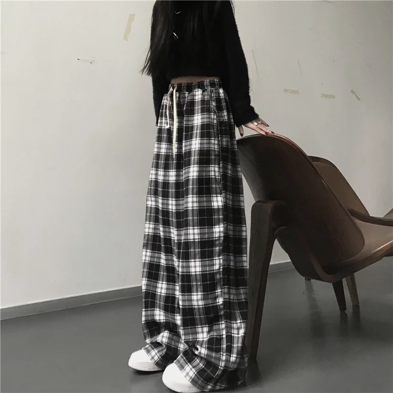 Oversize Frauen Jogginghose Mode Schwarz Plaid Casual Hosen Baggy Elastische Taille Taschen Student Unisex Hip Hop Lose Hosen