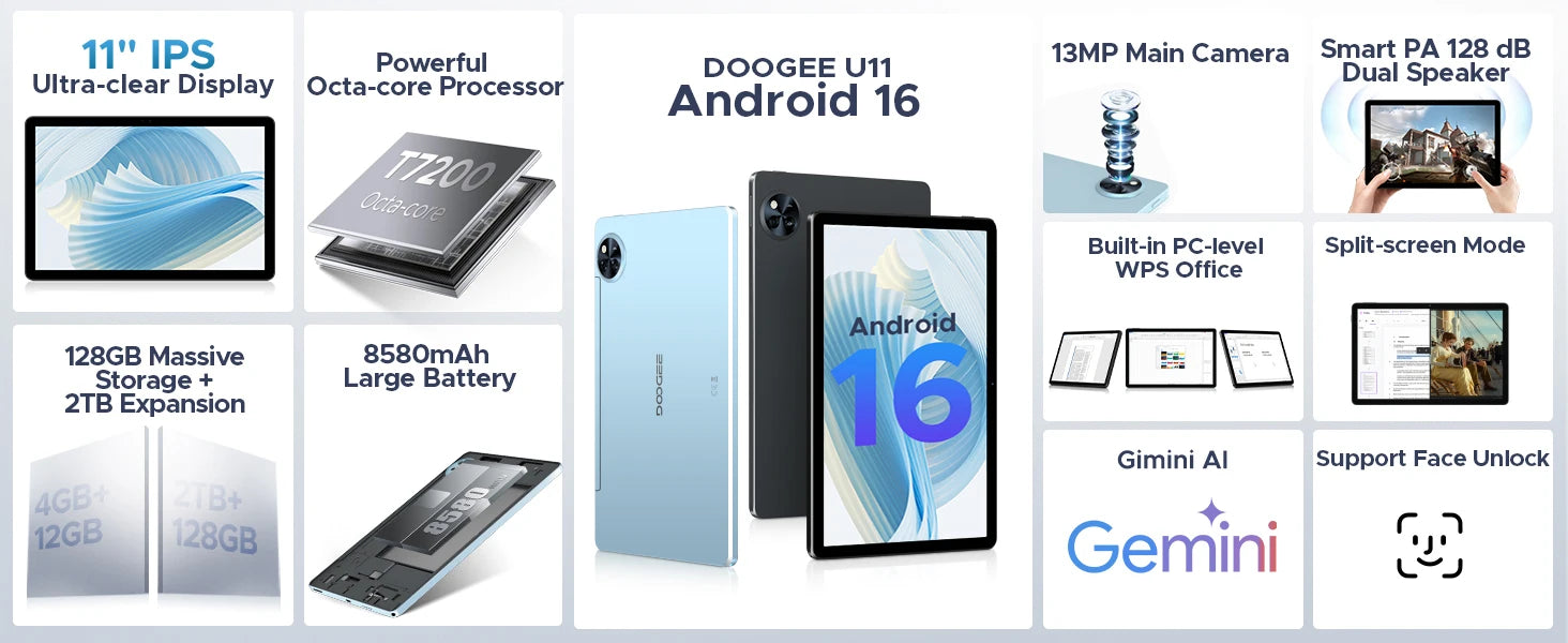 DOOGEE U11 Tablet 11 Zoll Ultra-Klares 90Hz Display 16GB 128GB 8580mAh Akku Unisoc T7200 Dual-Lautsprecher Widevine L1 Android 16 Pad