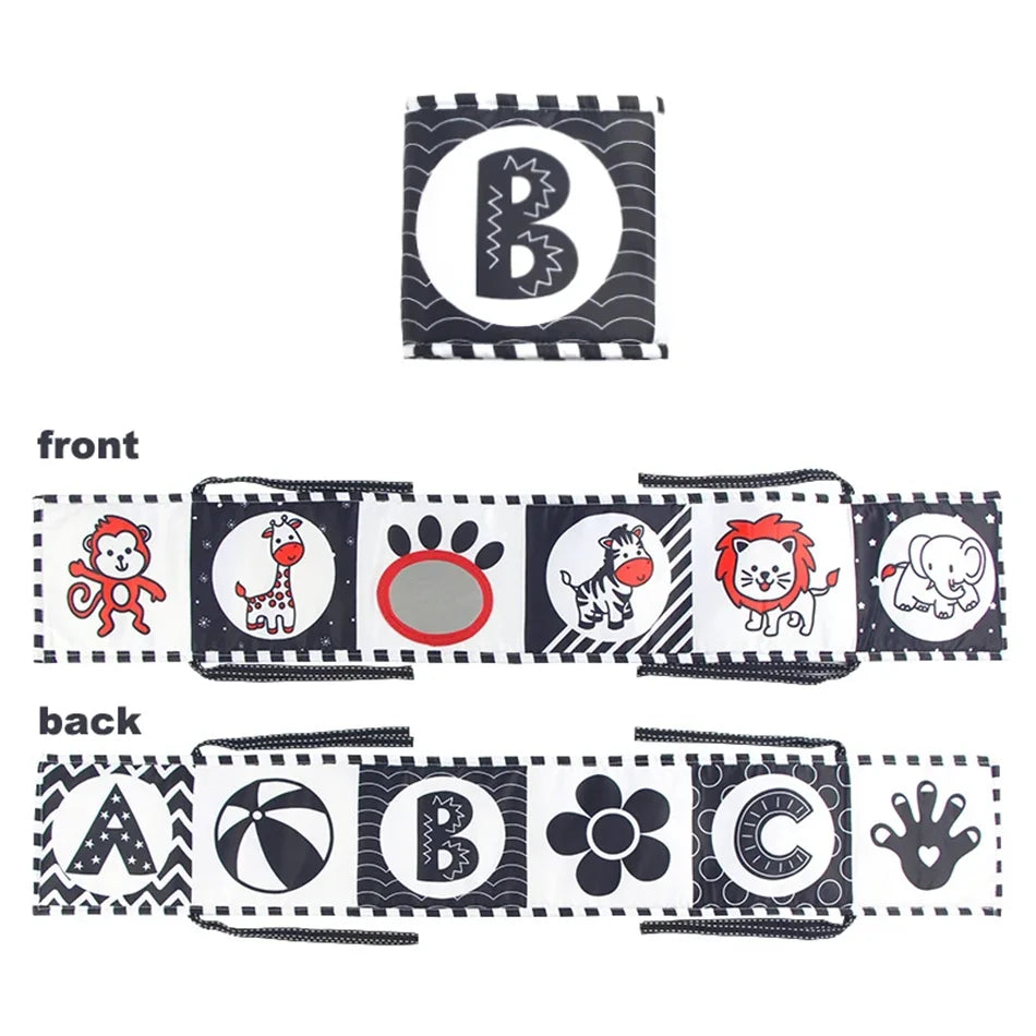 Baby Stoffbuch Hochkontrast-Babyspielzeug 0M+ Neugeborenen-Krippenspielzeug Schwarz-Weiß Tier-Sensorik-Stoffbücher Montessori-Spielzeug