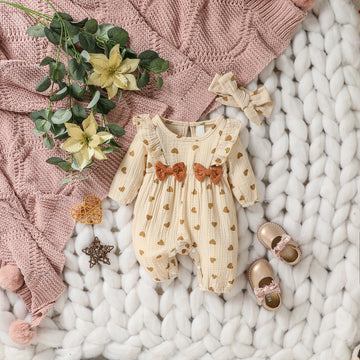 Baby Mädchen Sommer Langarm Druck Liebe mit Schleife für lässigen täglichen Baumwolloverall