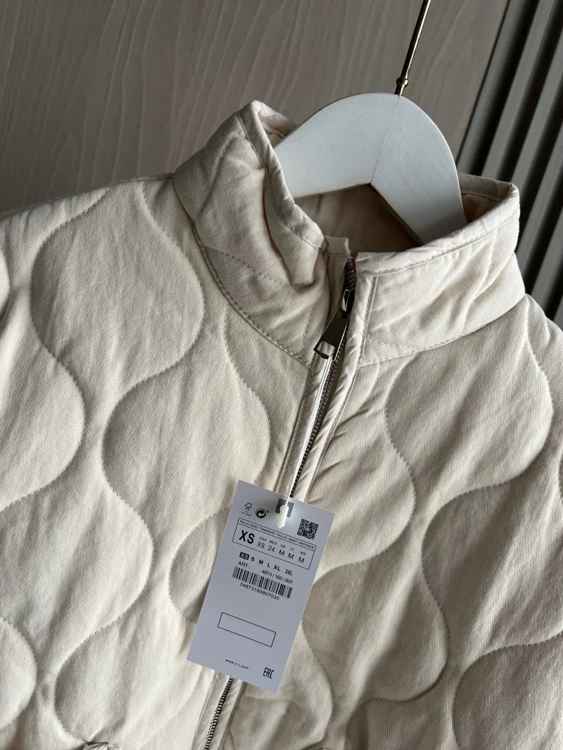 Damen Polyester Gefütterte Jacke 2026 Neuerscheinung Vintage Lenzing Rayon Hochkragen Große Tasche Dekorativer Gesteppter Mantel für Frauen