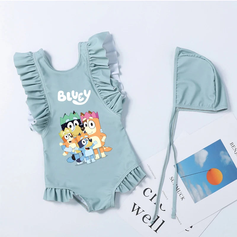 Cartoon Bluey Mädchen Sommer-Badeanzüge Kinder Einteilige & Bikini-Sets mit Badekappe Strandkleidung Bademode für Kinder