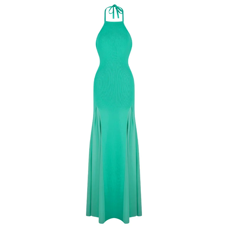 Damen Neckholder-Maxikleid mit offenem Rücken, geripptem Strickoberteil und fließendem Chiffon-Saum – figurbetontes Sommer-Abendkleid für Urlaub und Party