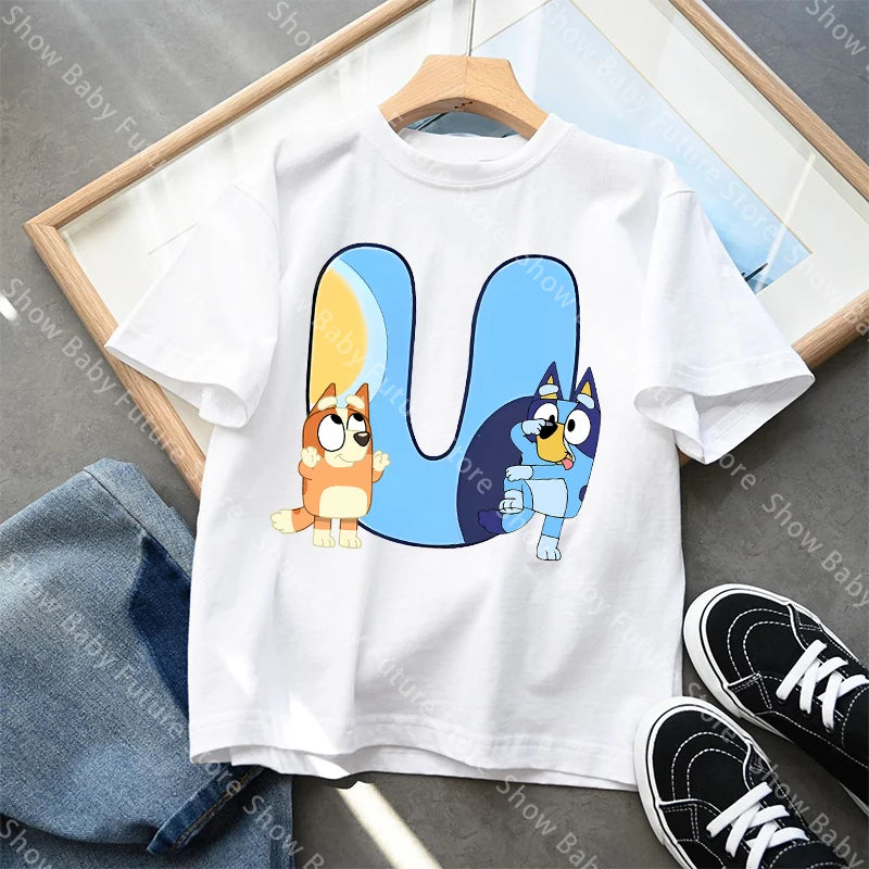 Blueys T-Shirt für Jungen und Mädchen, Cartoon-Buchstaben A-Z, Namenskleidung, Oberteile, Sommer, atmungsaktiv, niedliches Anime-Kurzarmshirt, neue Geburtstagsgeschenke
