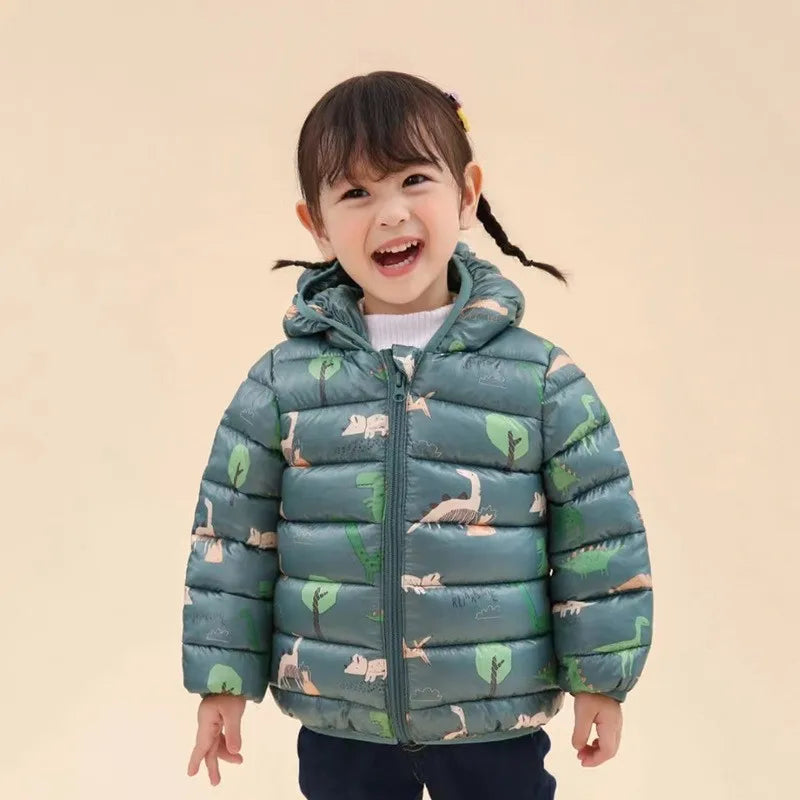 Kinder Jungen Baby Mit Kapuze Leichte Daunenjacken Warme Oberbekleidung Herbst Kinder Mädchen Mäntel Cartoon Dinosaurier Druck Freizeitkleidung