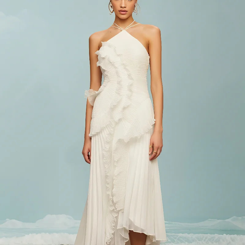 Elegantes lila Neckholder-Abschlussballkleid in A-Linie mit Rüschen, gestuft, rückenfrei, Partykleid, Sommerurlaub, Chiffon, langes Abendkleid