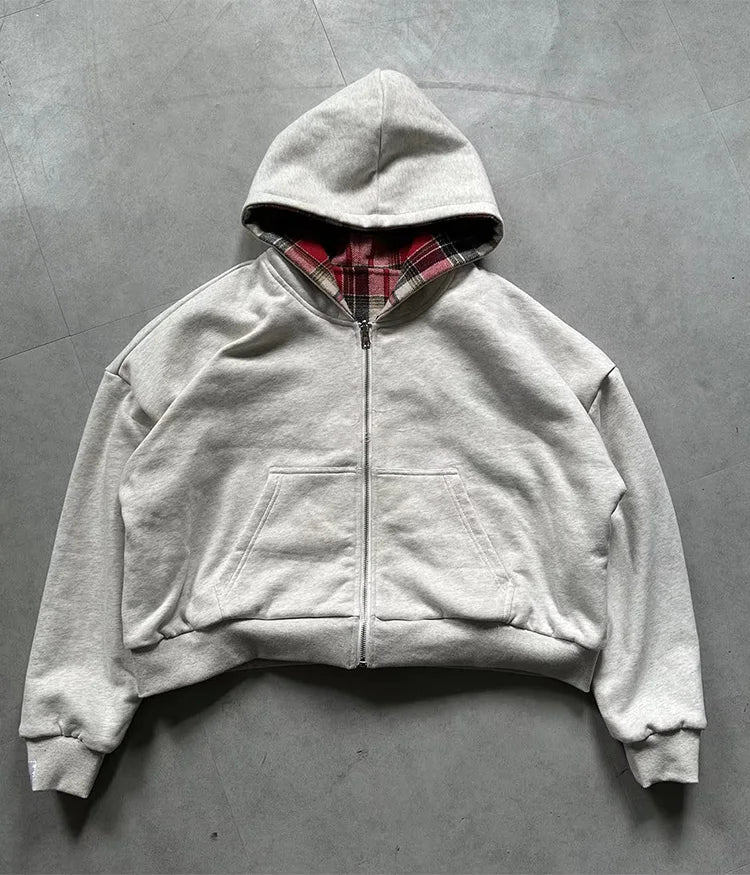 Winter Casual Karierter Hoodie für Damen, Warmer Reißverschluss-Sweatshirt, Beidseitig Tragbar, Modisch Trendy, Locker Geschnittener Kapuzenpullover