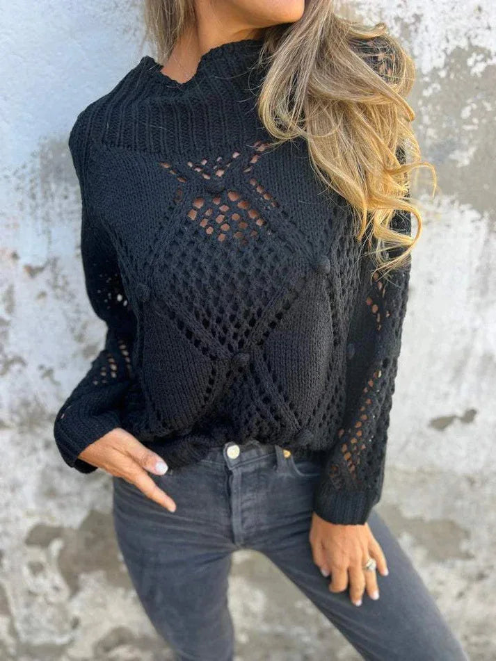Hohl Einfarbig Langarm Gestrickte Rundhals Lange Vielseitige Pullover Herbst Pullover Damen Roupas De Inverno Feminina Mulher