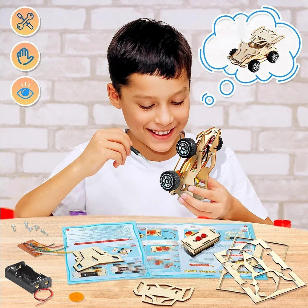 DIY Holz Fernbedienung Auto Holz Allradantrieb Racing Montage Wissenschaft Experiment Kits KINDER STEM Lernspielzeug