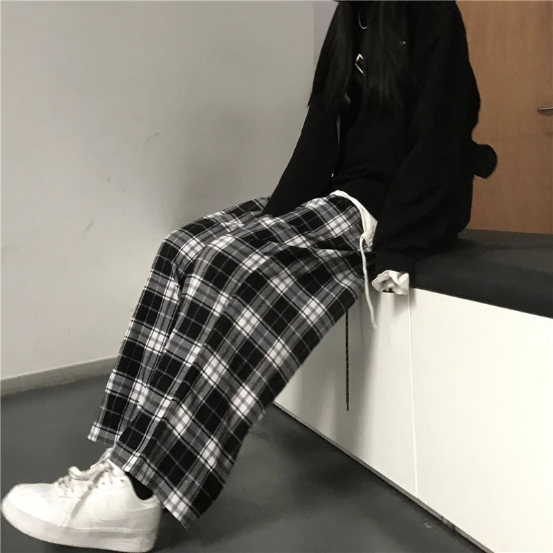 Oversize Frauen Jogginghose Mode Schwarz Plaid Casual Hosen Baggy Elastische Taille Taschen Student Unisex Hip Hop Lose Hosen