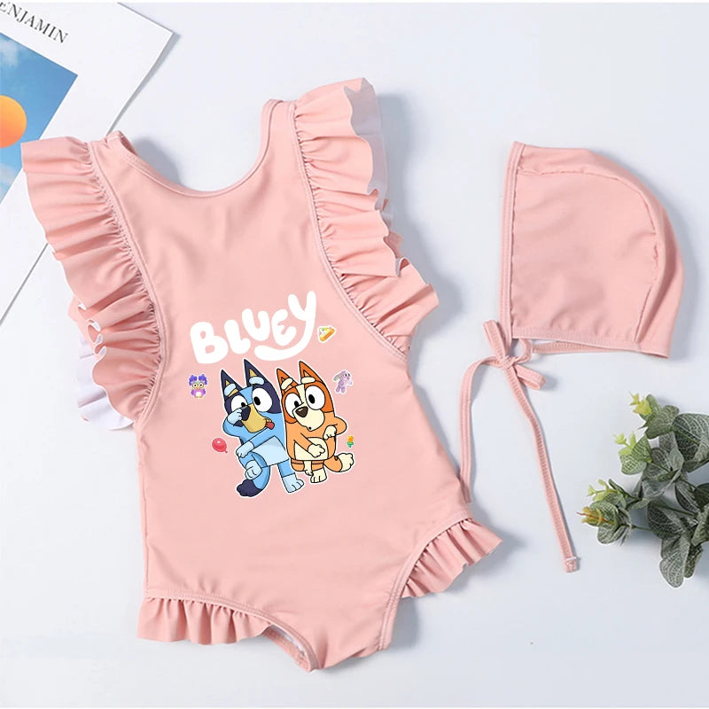 Cartoon Bluey Mädchen Sommer-Badeanzüge Kinder Einteilige & Bikini-Sets mit Badekappe Strandkleidung Bademode für Kinder