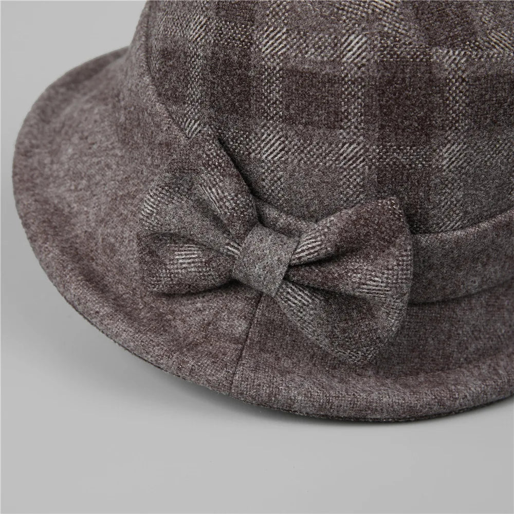 Elegante Schleife Herbst Winter verdickter karierter Fischerhut für Frauen mittleren Alters Mutter Oma