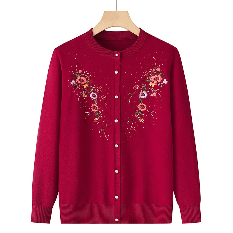 Mittleren Alters und ältere Frauen Stickerei Strickjacke Jacke einreiher schlanke Pullover Mantel dünne Frühling Oma Kleidung