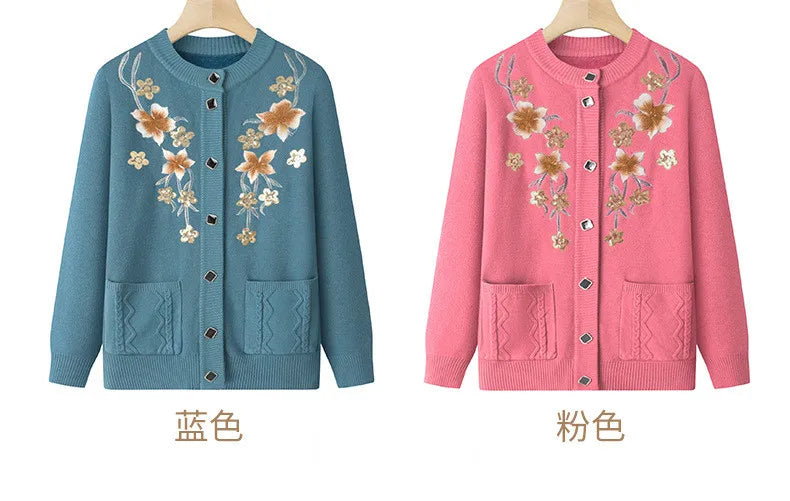 Herbst Winter warme Pullover Jacke Damen Print mittleren Alters Mutter Strickjacke Oma plus Samt Strickjacke Mantel weiblich 2915