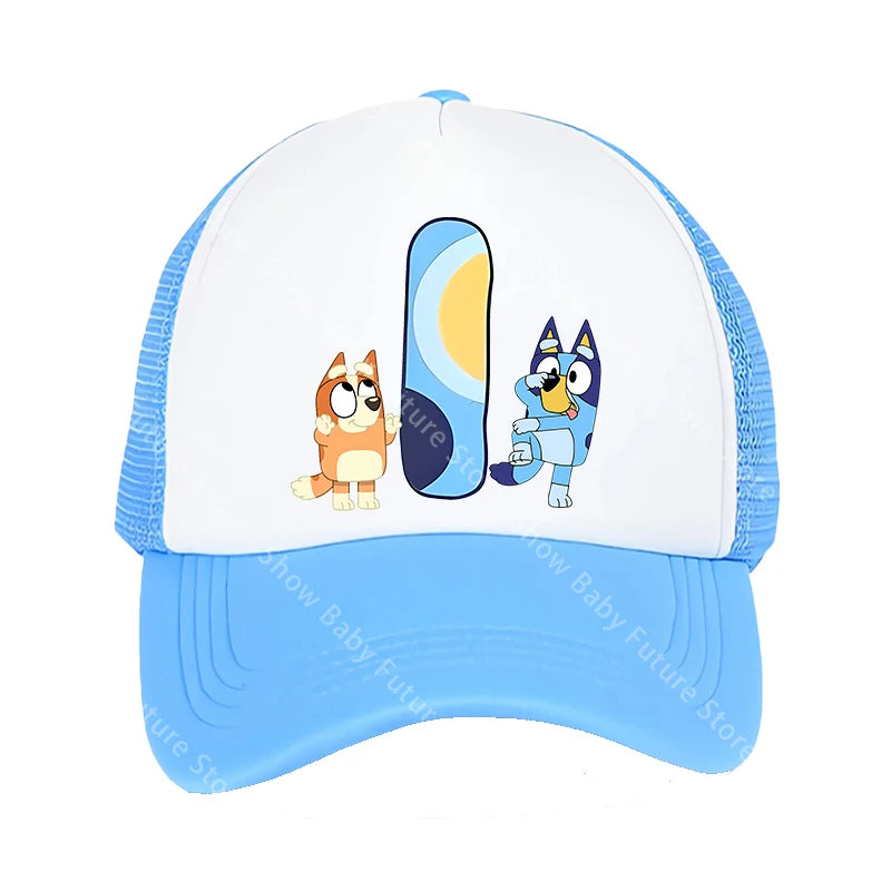 Blueys Baseballkappen für Erwachsene, Jungen und Mädchen, Kawaii-Buchstaben, zwei Größen, atmungsaktive Sport-Mesh-Mütze, niedlicher Cartoon-Anime-Sonnenhut, Geschenke