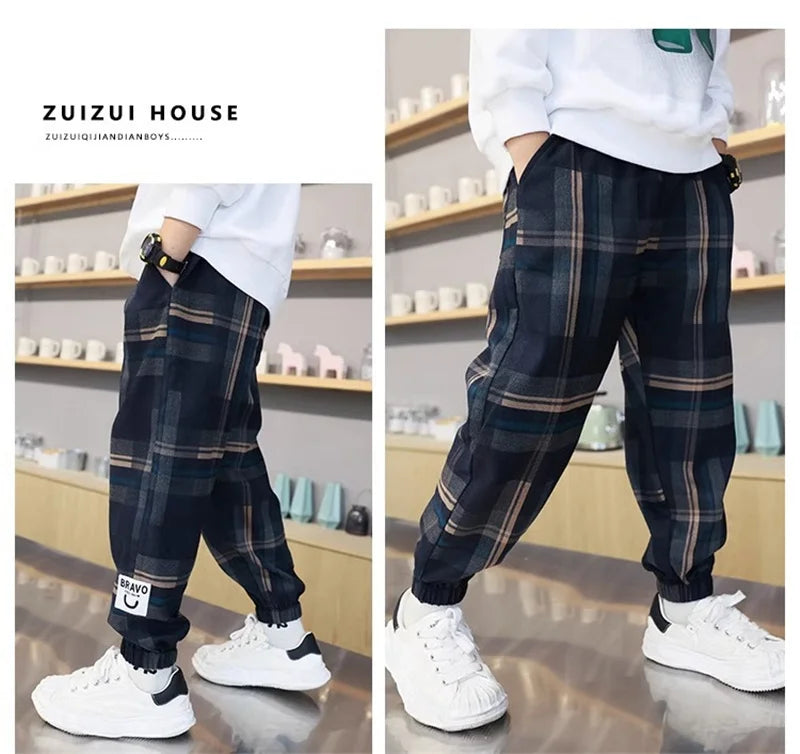 Jungen Dicke Plaid Hosen Frühling Herbst Mädchen Plus Samt Warme Kordelzug Kinder Trend Hosen Mode Teen Sport Casual Hosen 4-12Y