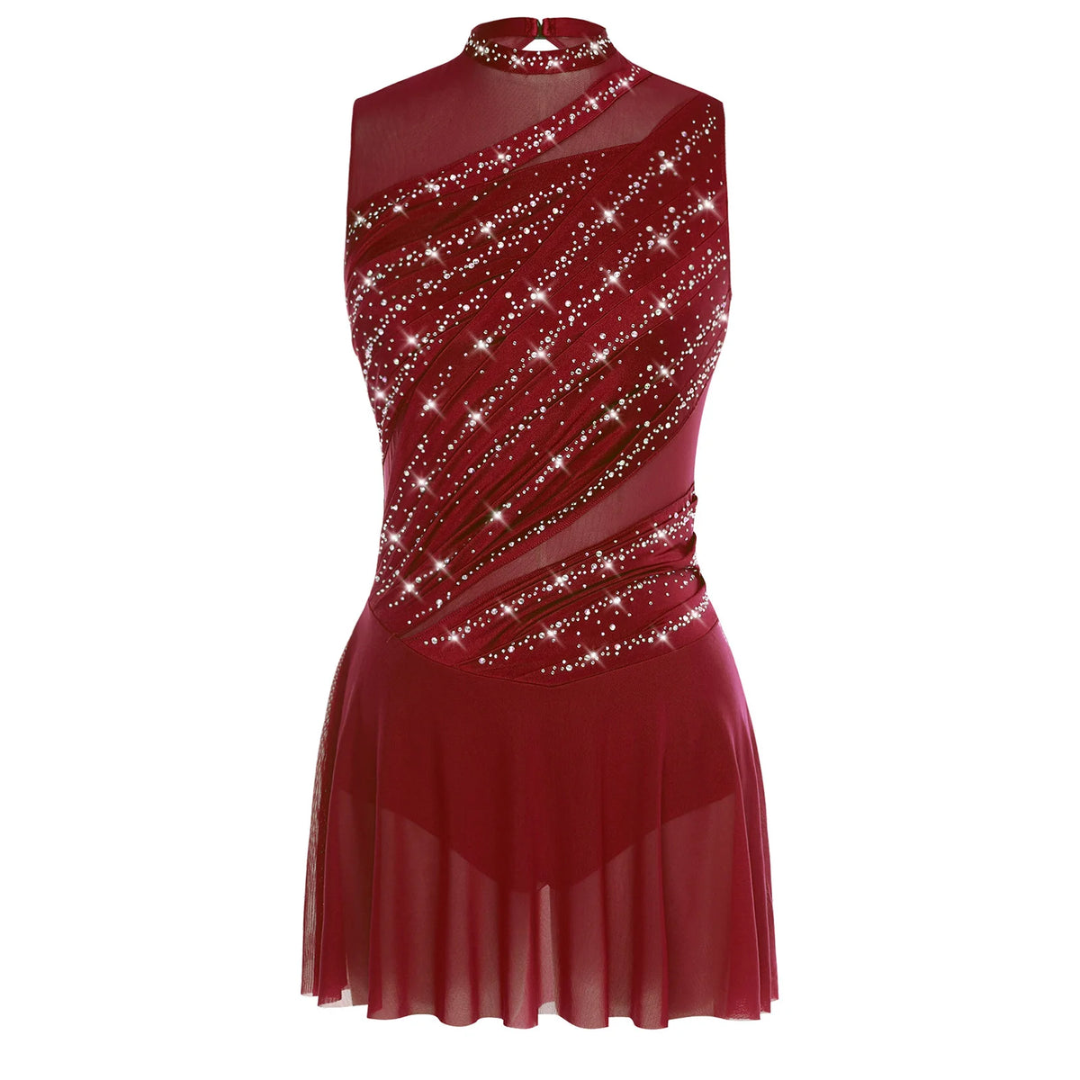 Damen-Ballettkleid mit Rüschen, lyrisches Tanzkleid, runder Kragen, ärmellos, Strass, rückenfrei, für Bühnenauftritte, Wettbewerb