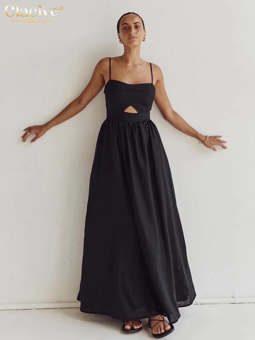 Clacive Sexy Lose Schwarz Baumwolle Damen Kleider 2024 Sommer Strap Ärmellose Knöchel Länge Kleid Elegante Aushöhlen Weibliche Kleid