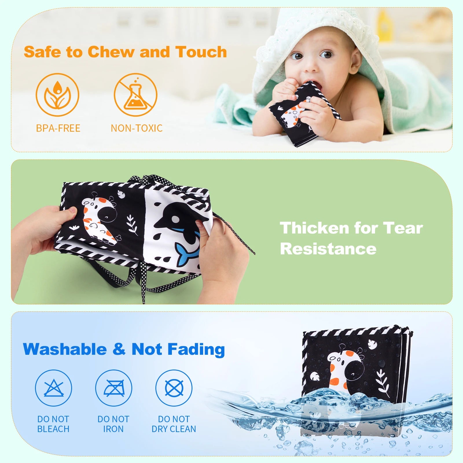 Baby Stoffbuch Hochkontrast-Babyspielzeug 0M+ Neugeborenen-Krippenspielzeug Schwarz-Weiß Tier-Sensorik-Stoffbücher Montessori-Spielzeug