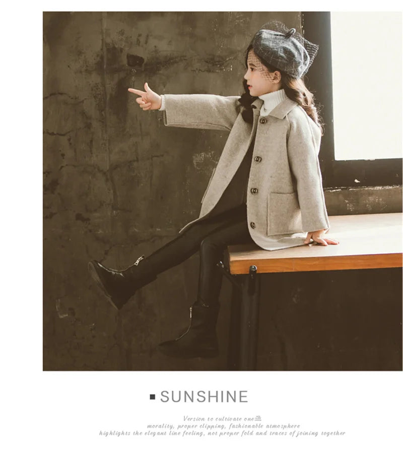 Winter Kinder Tweed Mäntel Herbst Mädchen Warme England Stil Mid-Länge Jacken Teen Mode Oberbekleidung Kind 5-12 Jahre alt