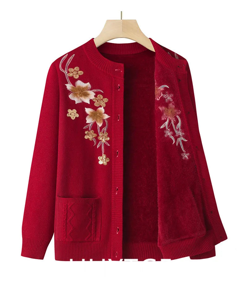 Herbst Winter warme Pullover Jacke Damen Print mittleren Alters Mutter Strickjacke Oma plus Samt Strickjacke Mantel weiblich 2915