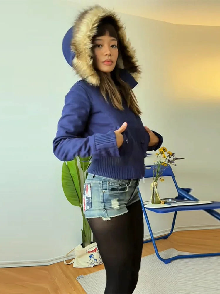Braune Damen Slim Fit Vintage Pelzkragen Jacke Reißverschluss Kpop Y2K High Street Chic Oberbekleidung für Frauen Teenager, Herbst Winter Geschenk