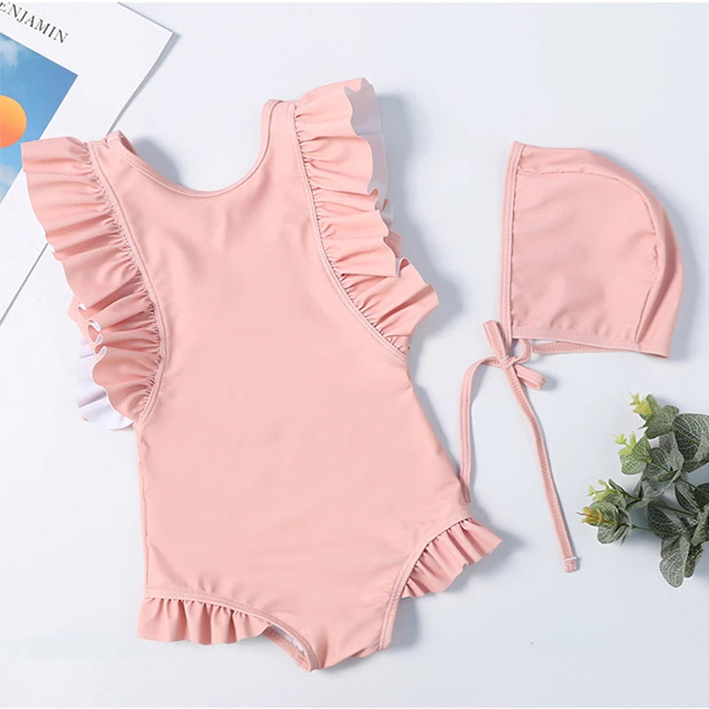 Cartoon Bluey Mädchen Sommer-Badeanzüge Kinder Einteilige & Bikini-Sets mit Badekappe Strandkleidung Bademode für Kinder