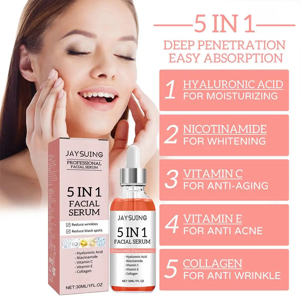 5-in-1 verblassende feine Linien Straffendes Gesichtsserum Feuchtigkeitsspendendes, aufhellendes Vitamin C Hyaluronsäure-Gesichtsserum Schrumpfporen Hautpflege