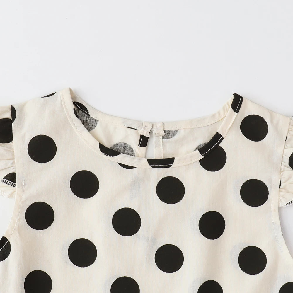 Bear Leader Baby-Mädchen-Freizeitkleidung, Rundhalsausschnitt, ärmelloses Polka-Dot-Oberteil + Hose mit weitem Bein, 2-teiliges Set mit Schleife und Knopf