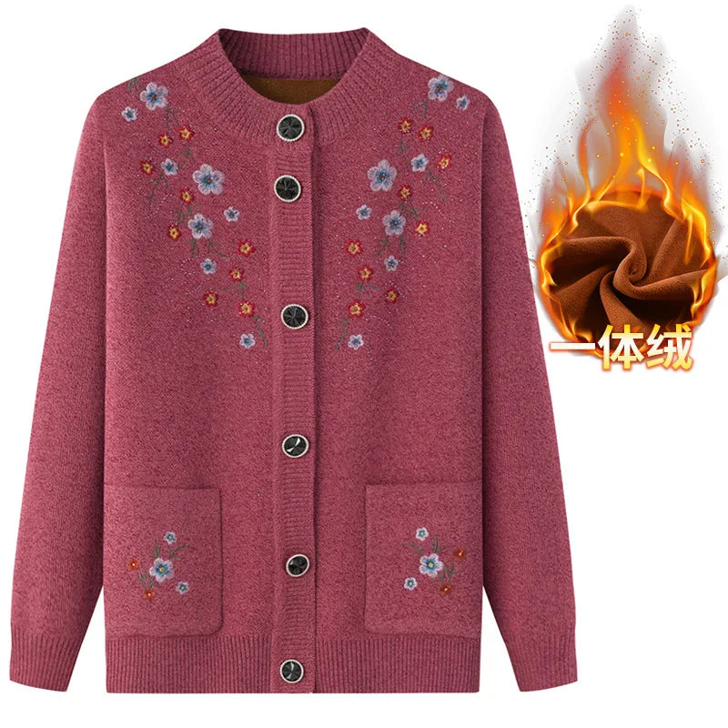 Frühling Herbst Top Frauen Ältere Mutter der Bestickt Gestrickte Pullover Oma Winter Plus Samt Dicke Strickjacke Mantel XL-4XL