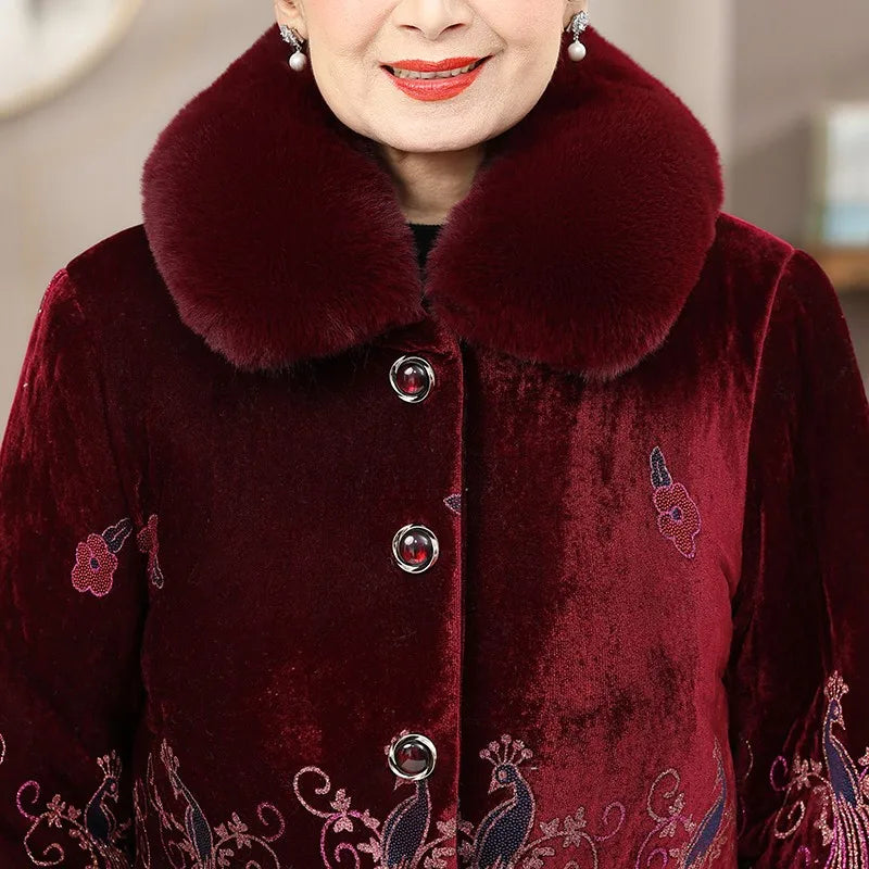 Winter-Damenjacke mit Baumwollpolsterung, 50 bis 80 Jahre alt, Oma-Mantel, dicker Samt, warm, mittleres Alter, Mutterpositionierung, Blumenparka