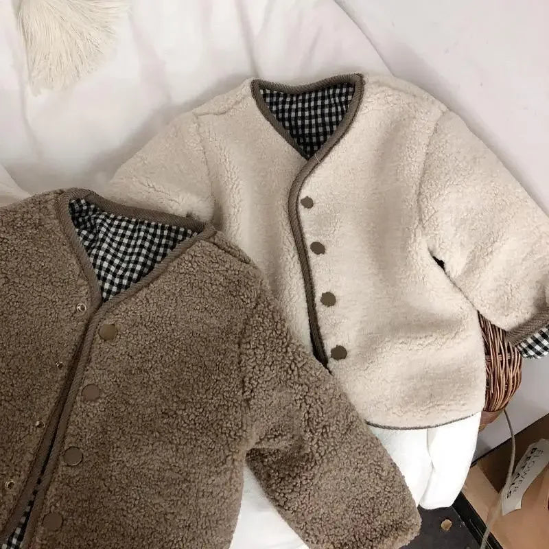 Neue Herbst und Winter Neue Warme Jacke Kinder Zwei Seiten Tragen Plaid Plüsch Jacke Kinder Jacken Winter Kleidung für Mädchen