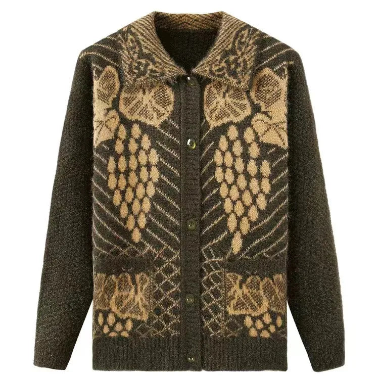 Lässiger Stil Dicker Jacquard-Strick-Cardigan für Ältere Frauen Warmer Mantel für Mütter und Großmütter